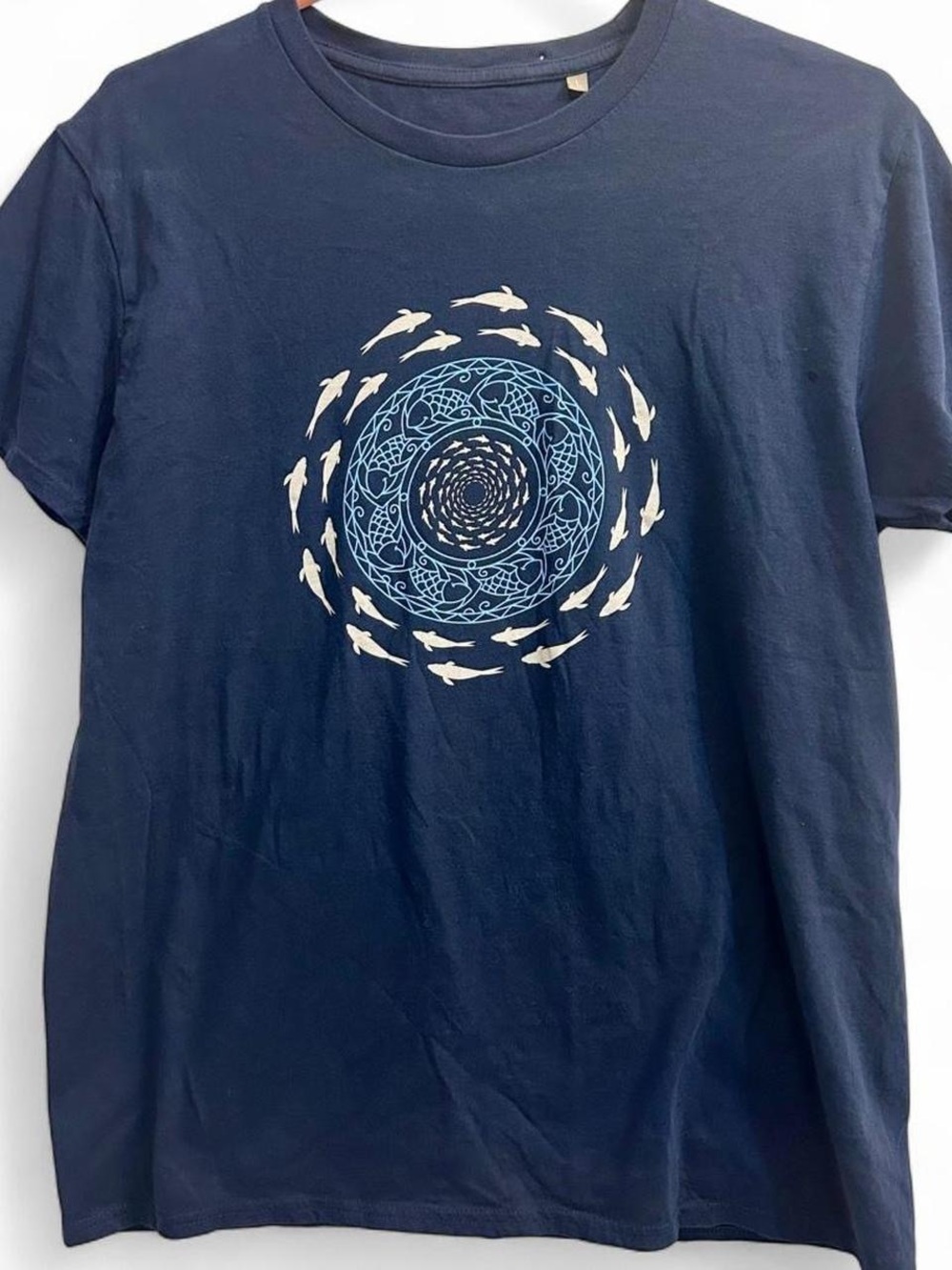Navy blue whale and fish spiral t-shirt